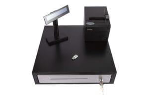 Išmanusis kasos aparatas su liečiamu ekranu ir integruotu mokėjimo kortelių skaitytuvu.