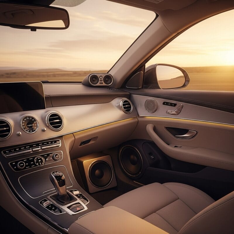 Automobilio salonas su įmontuota garso aparatūra, kuri sukuria ramybės ir komforto atmosferą kelionės metu